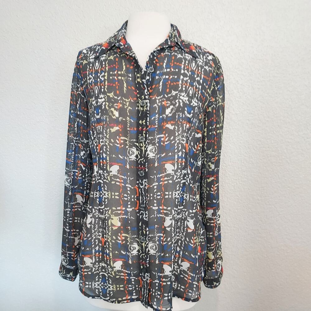 Cabi Colorful Graphic Print Sheer Long Sleeve Button Down Size M